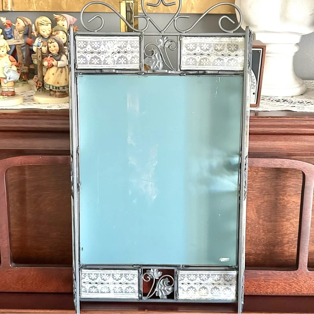 Vintage Silver and Blue Floral Wall Mirror